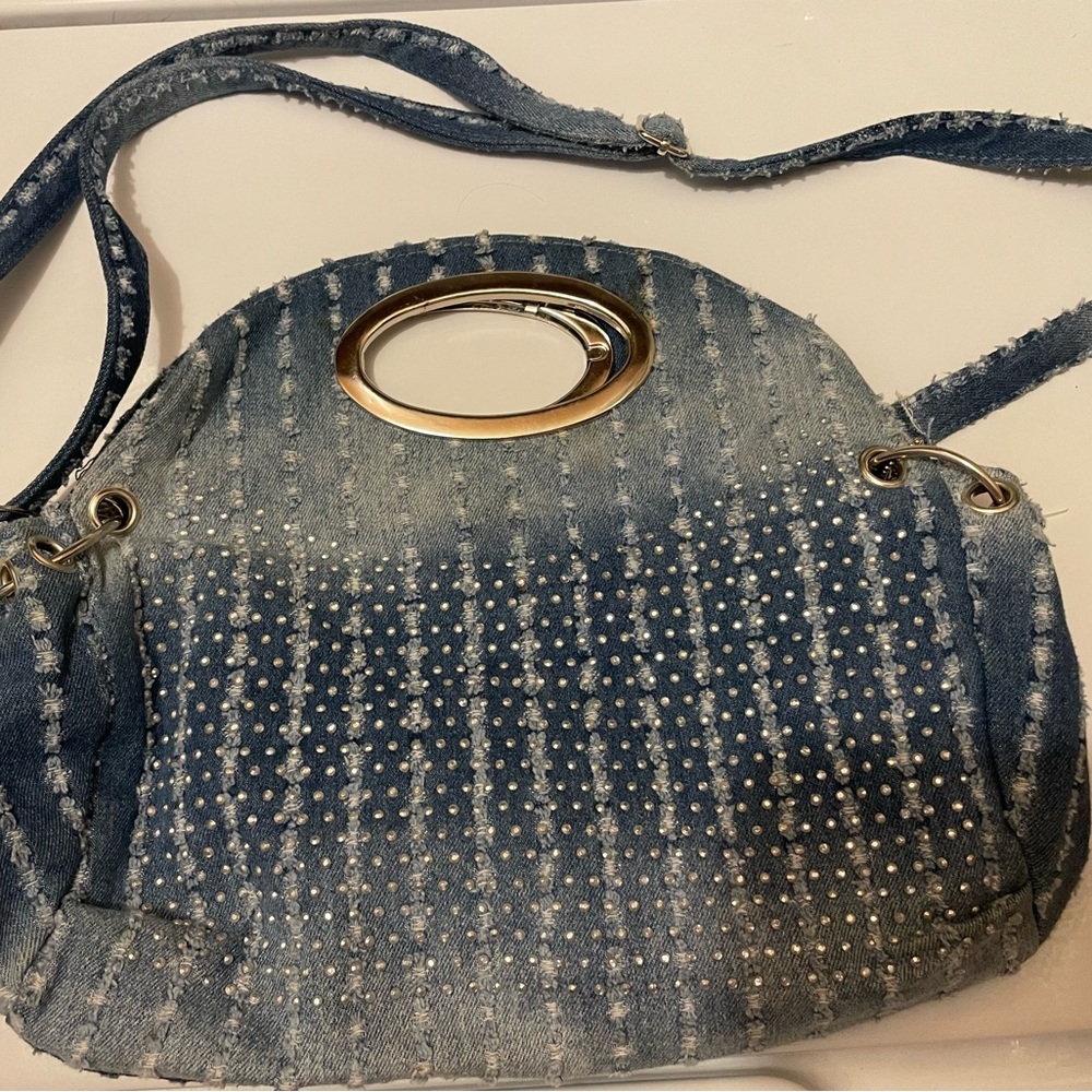 Denim Crossbody or Clutch Purse Rhinestones Retro Grunge Y2K 90s Blue Jean Bag